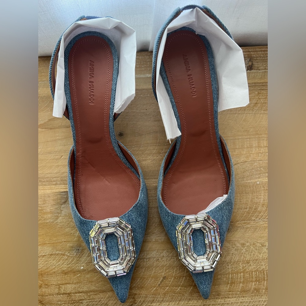 Amina Muaddi 60mm Camelia Slingback Pointed Toe Pumps Denim Size 40 New - Picture 5 of 13